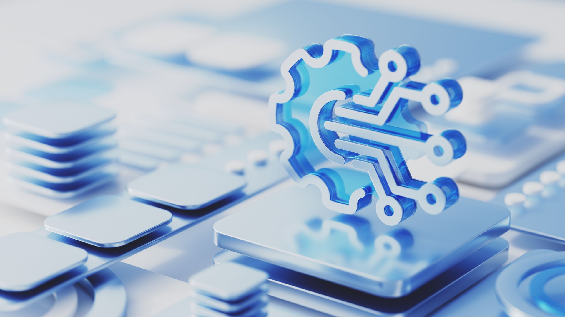 3D technology icon on an abstract motherboard. Digital solutions, improvement and efficiency concept
