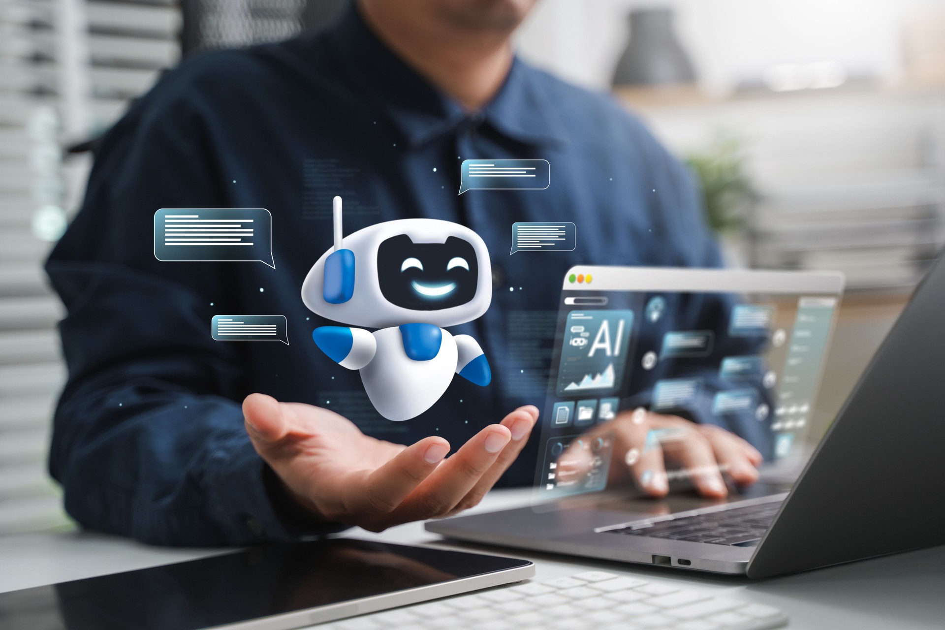 AI content creation tools: Man uses laptop with AI assistant for graphic design, translation, chatbot, image creation, coding, and advertising.