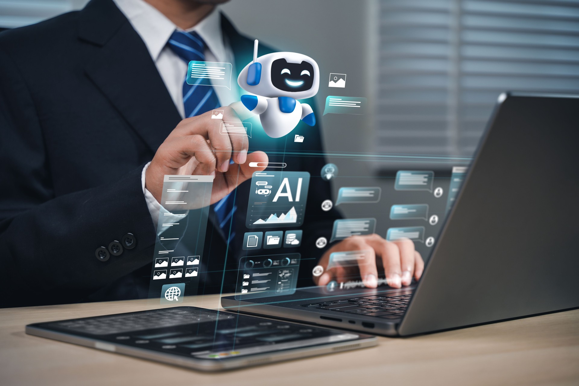 AI content creation tools: Man uses laptop with AI assistant for graphic design, translation, chatbot, image creation, coding, and advertising.