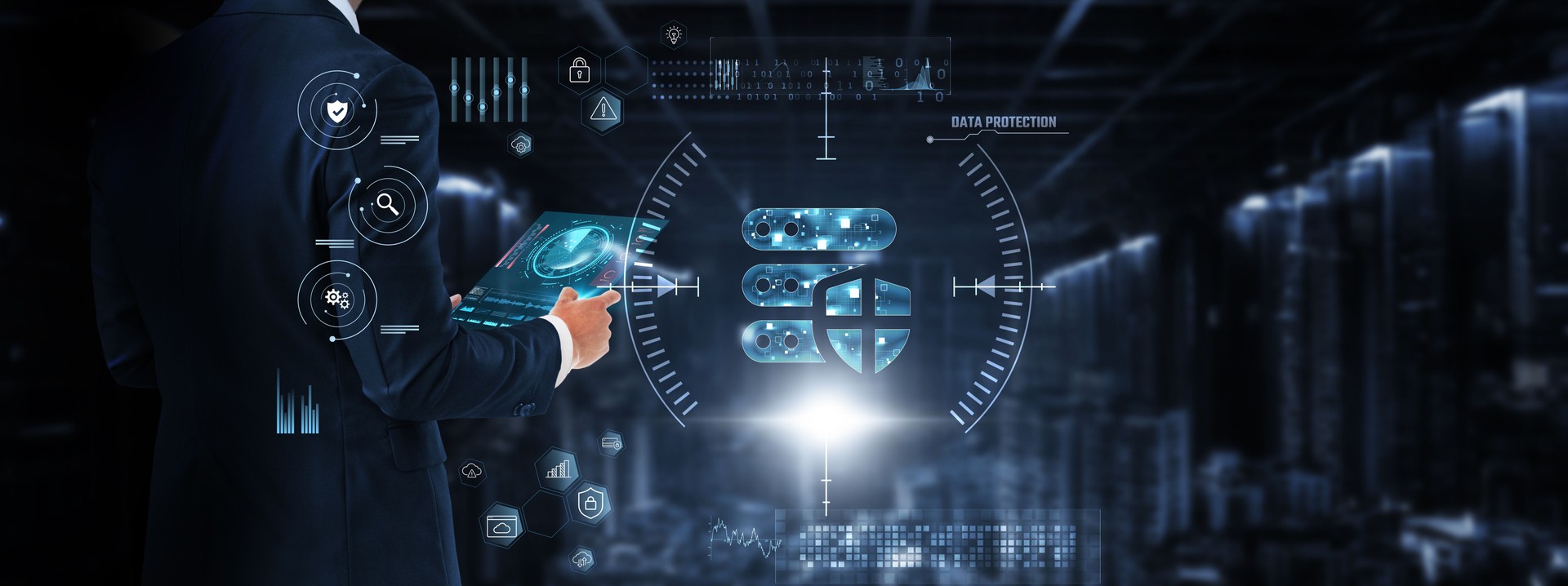 Data protection: Businessman control and monitoring data protection technology system on a digital screen. Encryption, cybersecurity, compliance, firewall, risk management, privacy, authentication.