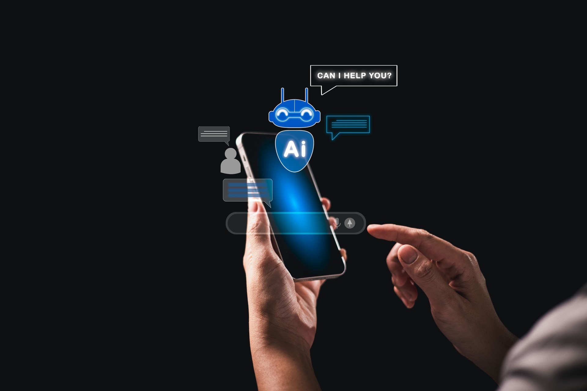 Businesswoman using smartphone symbolizes smart concept of AI-powered chatbots, providing automated customer support, communication, digital mobile platforms, artificial intelligence-driven services.