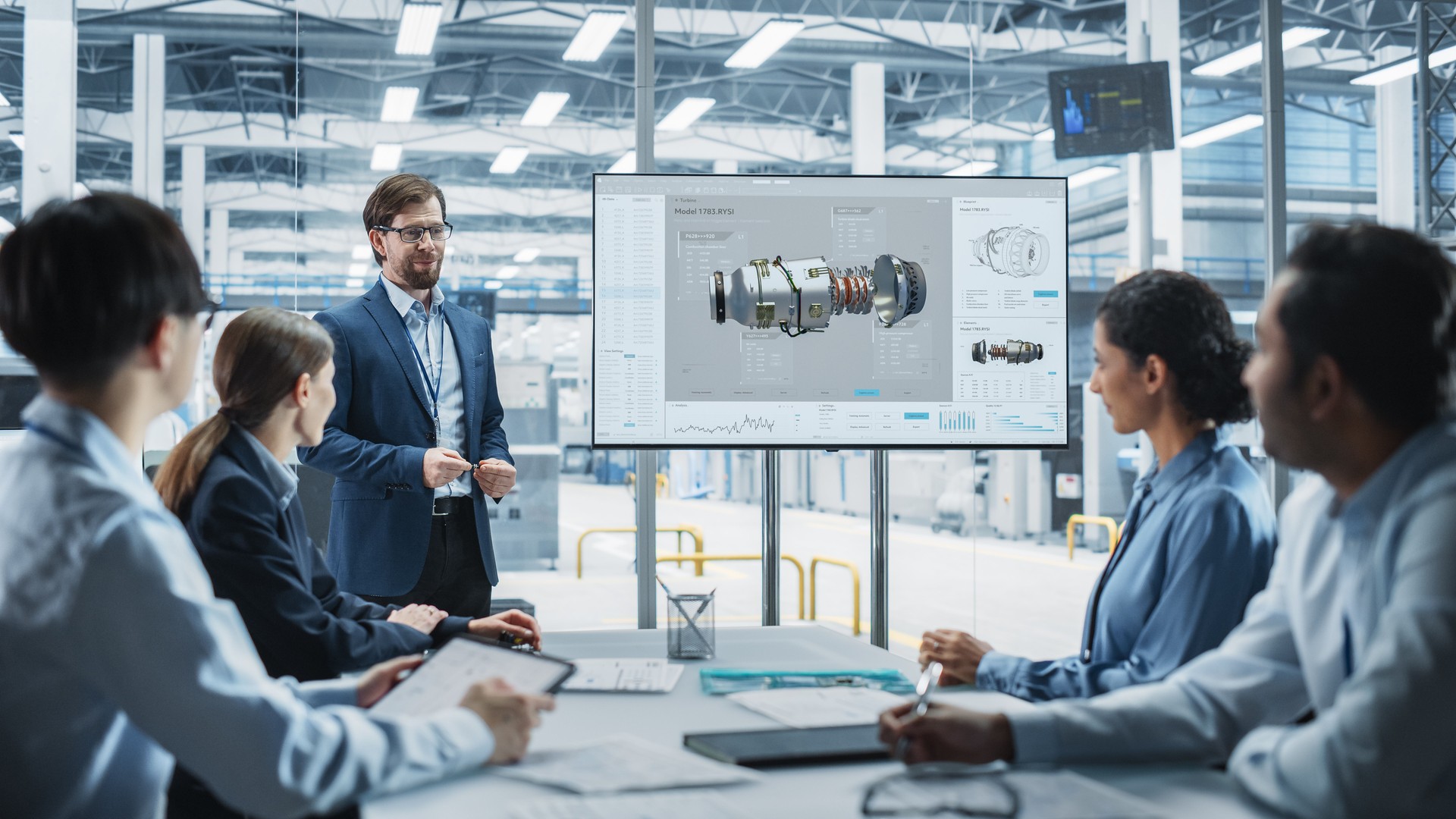Electronics Factory Office Meeting: Caucasian Male Project Manager Presenting Innovative Jet Engine On TV. Diverse Engineers And Technicians Listening and Taking Notes, Generating Ideas For Production